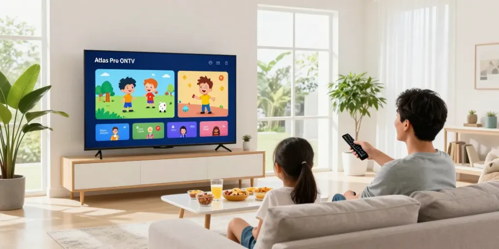 Télévision intelligente et famille utilisant l'application atlas pro dans un salon moderne.
