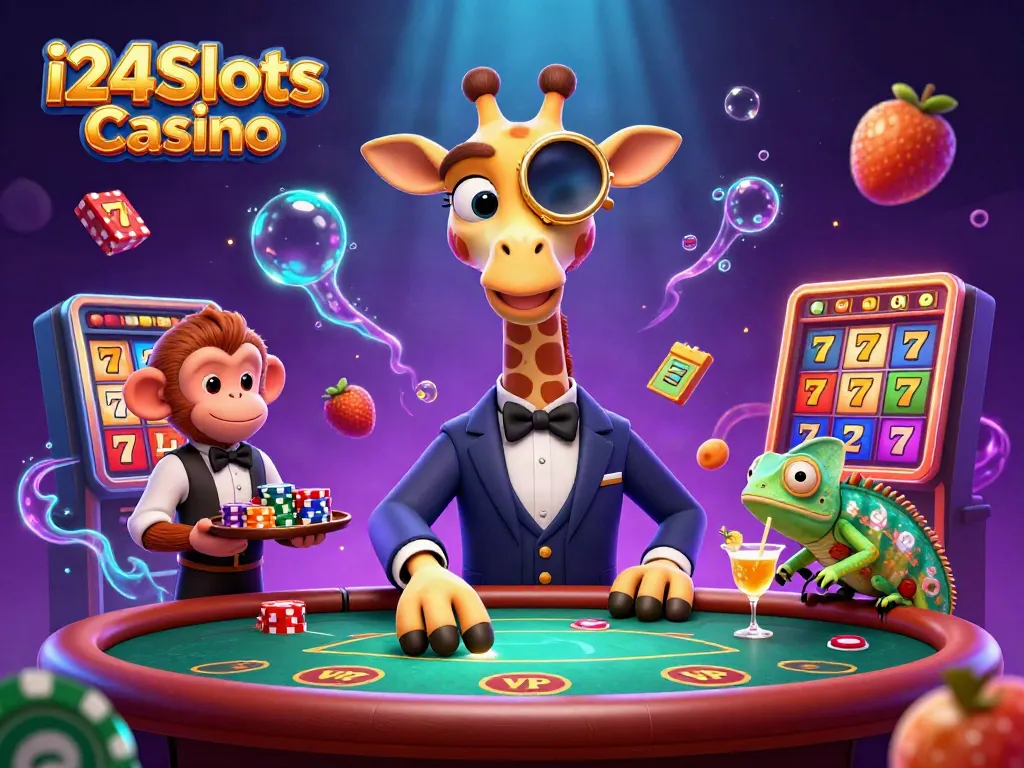 Jouez à i24Slots Casino avec une élégante girafe au poker entourée de machines à sous dynamiques.