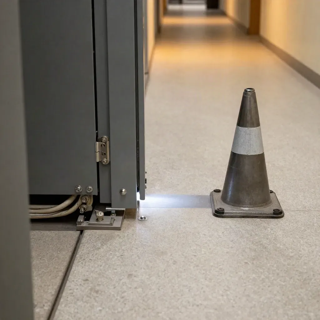 Couloir d’inspection nucléaire avec panneau ouvert, cône de sécurité et faisceau de lampe.