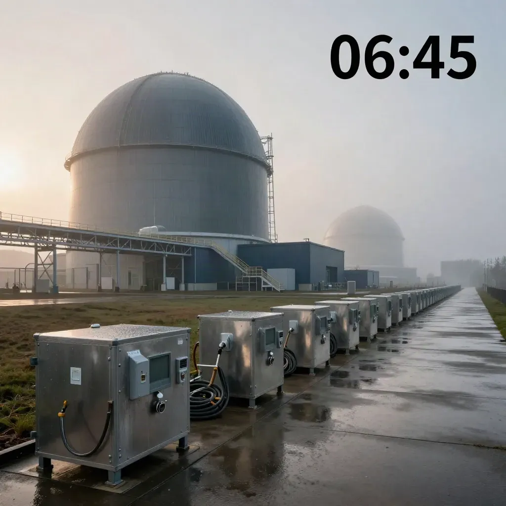 Site nucléaire moderne à l’aube, dôme de confinement, hall turbine et matériel d’inspection sous la brume.