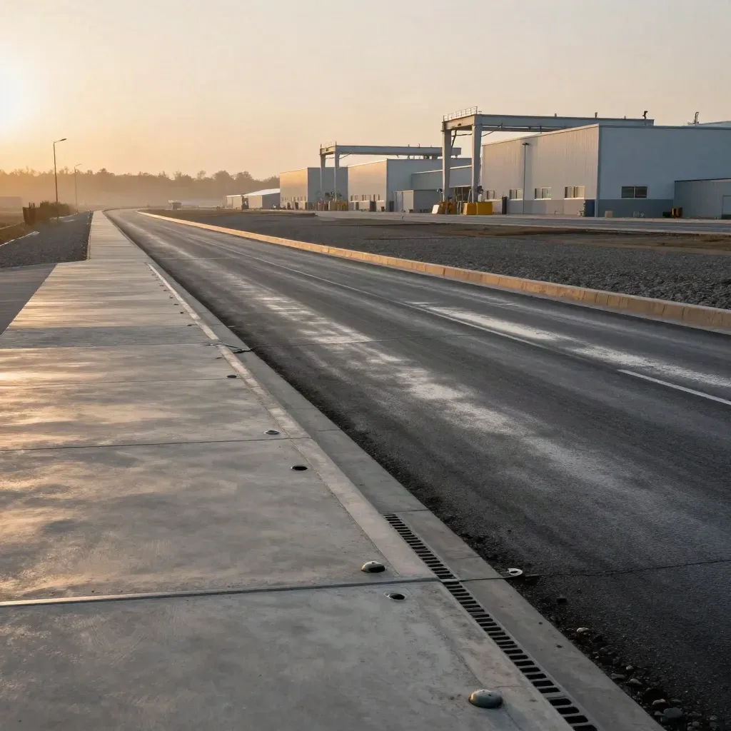 Route d’accès industrielle terminée, béton frais et site nucléaire achevé au soleil du soir.