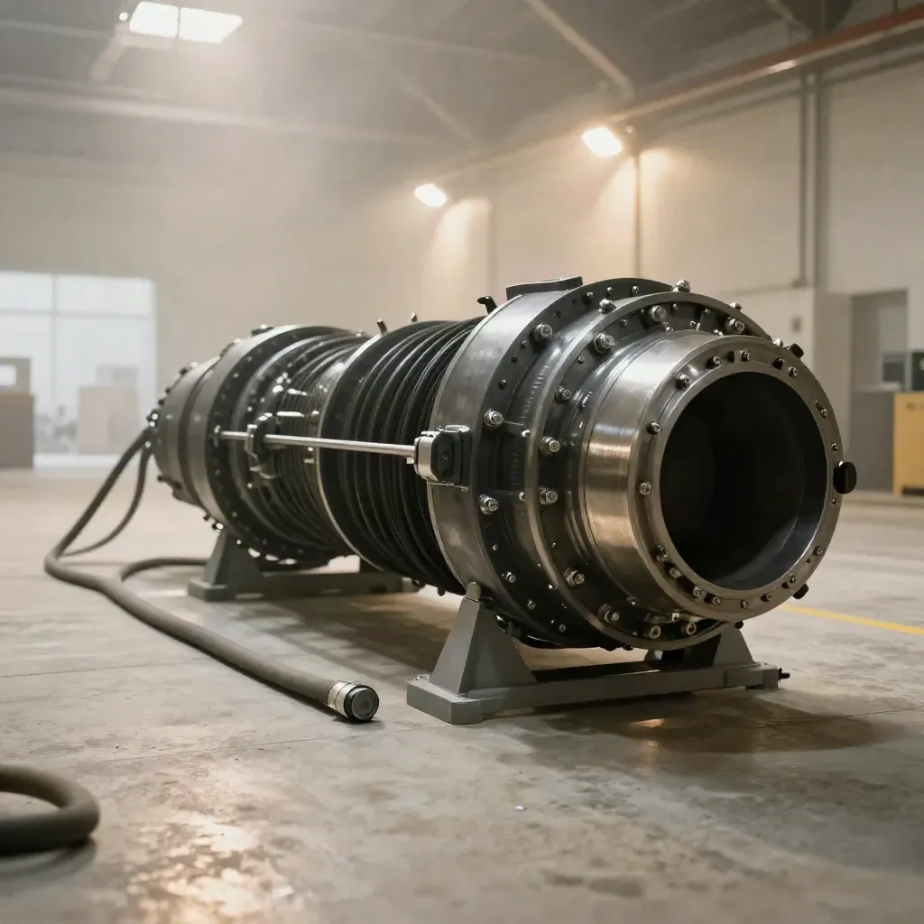 Halle de turbine nucléaire réalignée, vapeur légère et reflets chauds sur béton propre.