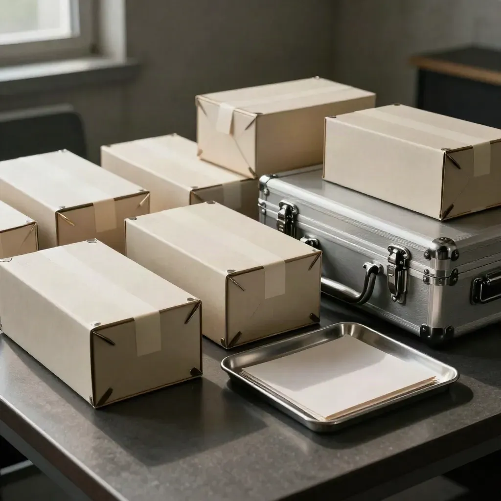 Boîtes d’archives scellées et valise de transport verrouillée sur une table sombre.