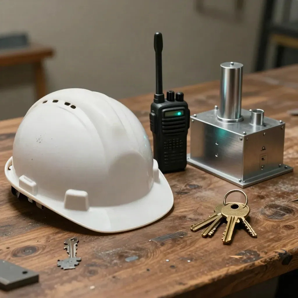 Casque, radio et maquette d’installation sur établi, lumière dramatique.