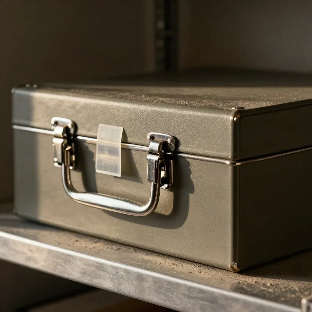 Boîte d’archives scellée, clips métalliques et scellés inviolables en gros plan