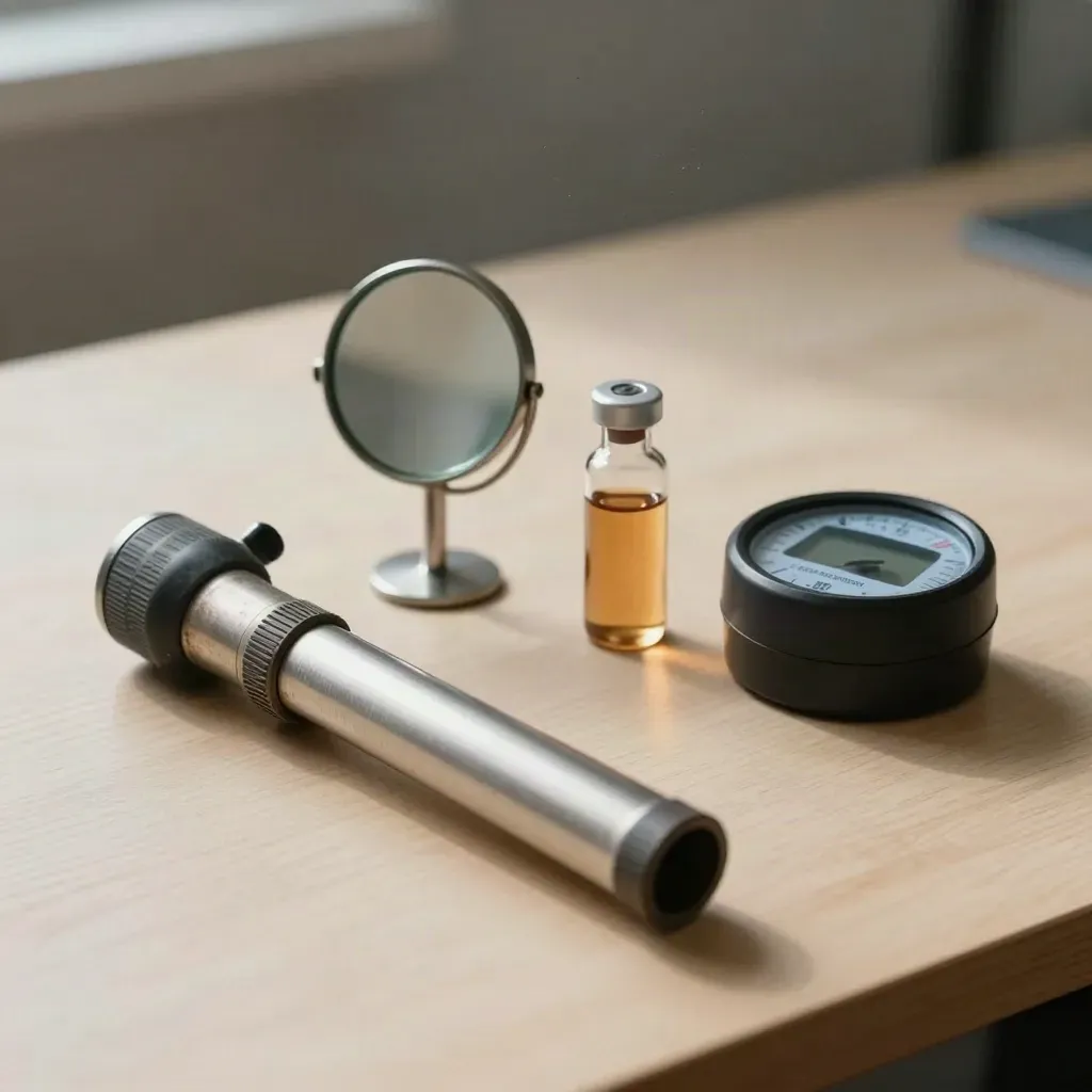 Kit d’audit nucléaire avec lampe, miroir convexe, fiole scellée et appareil de mesure sur bois clair.