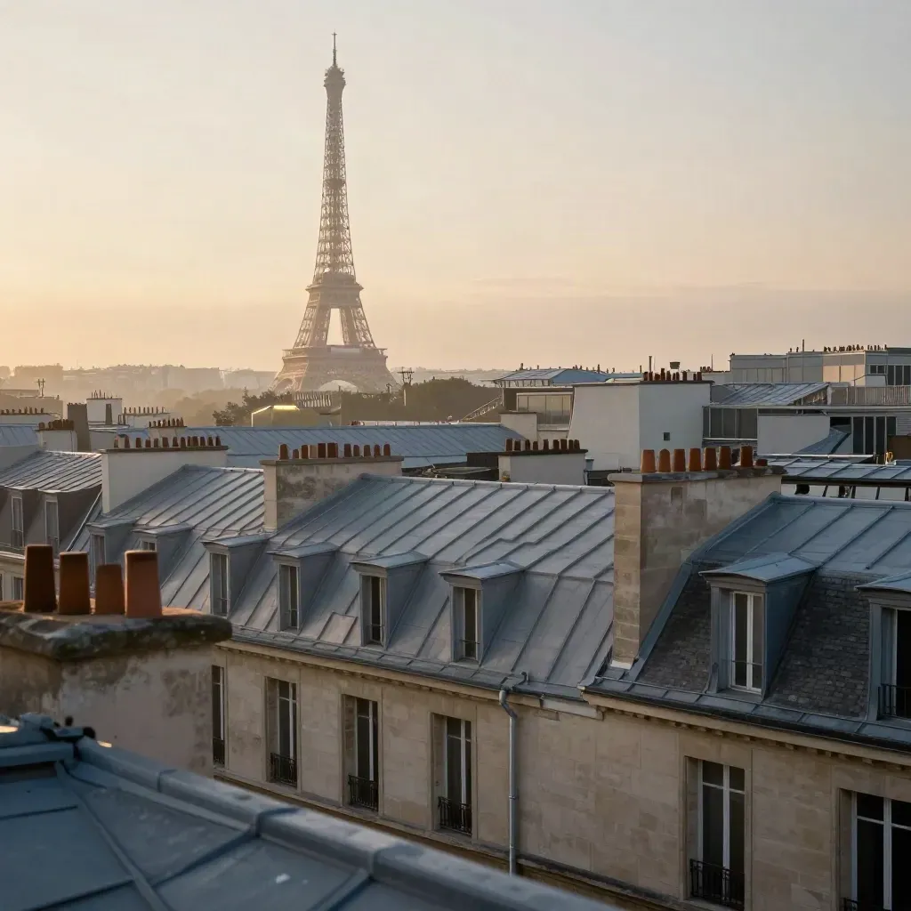 Vue aérienne des toits parisiens à l’aube, tour Eiffel dans la brume.