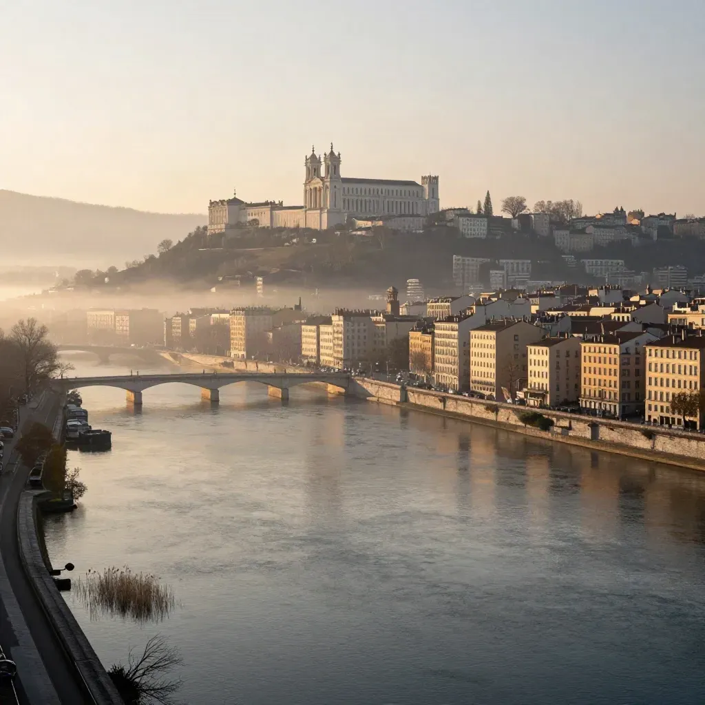Lyon au lever du jour, Fourvière au-dessus du confluent noyé de brume.