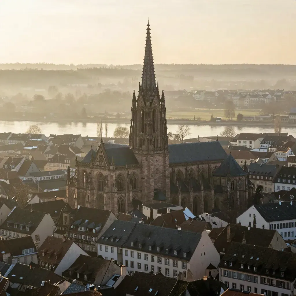 La flèche de la cathédrale de Strasbourg au-dessus des toits d’hiver et du fleuve brumeux.