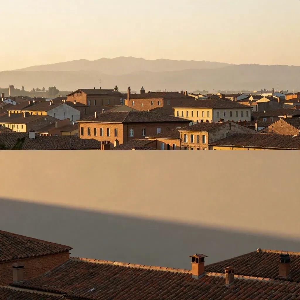Toits de Toulouse en brique rose, Pyrénées lointaines, lumière dorée et grand espace calme.